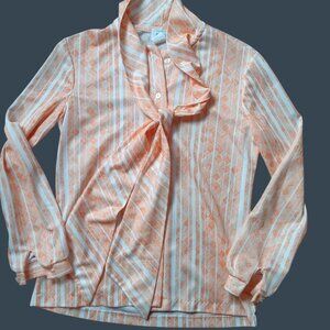 True Vintage Women's Secretary Blouse Medium 1970s Tie Top sz 10 Pink Geometric